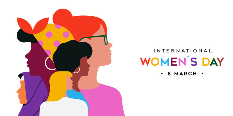 International women's day social media banner illustration with diverse people faces. Ethnic character team flat cartoon design for unity, community help, feminism, sisterhood, empowerment and activism for women rights concept.