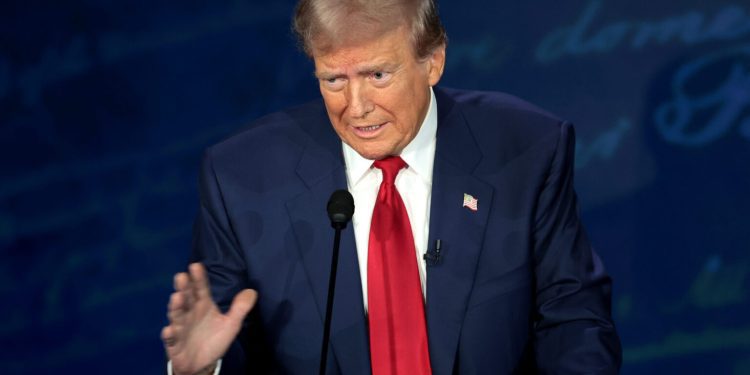 PHILADELPHIA, PENNSYLVANIA - SEPTEMBER 10: Republican presidential nominee, former U.S. President Donald Trump, debates Democratic presidential nominee, U.S. Vice President Kamala Harris, for the first time during the presidential election campaign at The National Constitution Center on September 10, 2024 in Philadelphia, Pennsylvania. After earning the Democratic Party nomination following President Joe Biden’s decision to leave the race, Harris faced off with Trump in what may be the only debate of the 2024 race for the White House. (Photo by Win McNamee/Getty Images)
